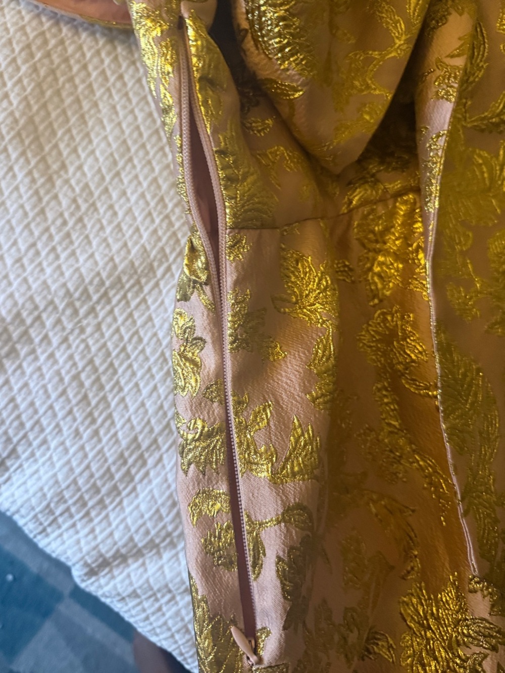 Plus Size Pink & Gold Puff-Sleeve BabyDoll Dress with Bow in back - Picture 5 of 7
